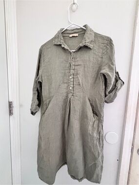 Alice Rinaldi Made in Italy Relaxed OliveLinen Midi Shirt Dress w/inset Pockets